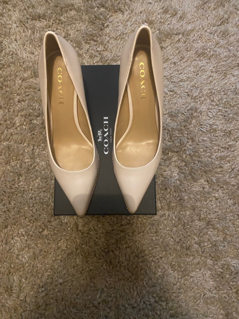 COACH “Vonna” Semi Matte in Cafe Chalk Pointed-Toe Leather Pumps